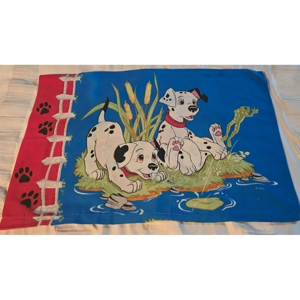 Vintage 90s Disney 101 Dalmatians Pillowcase Blue Double Sided Standard